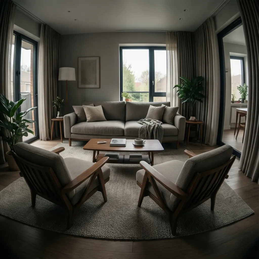 conversation seating arrangement with sofa and compact chairs in small living room