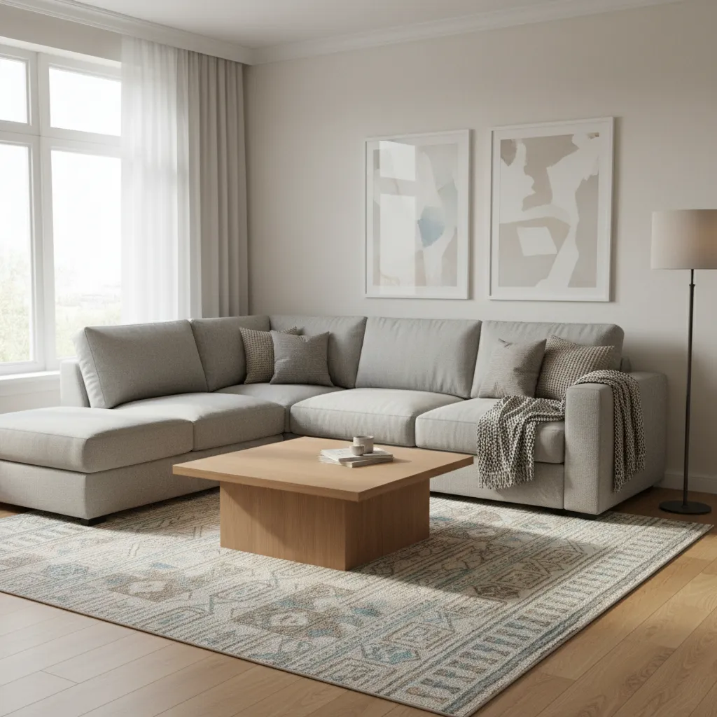 Compact living room with L shaped sectional sofa layout
