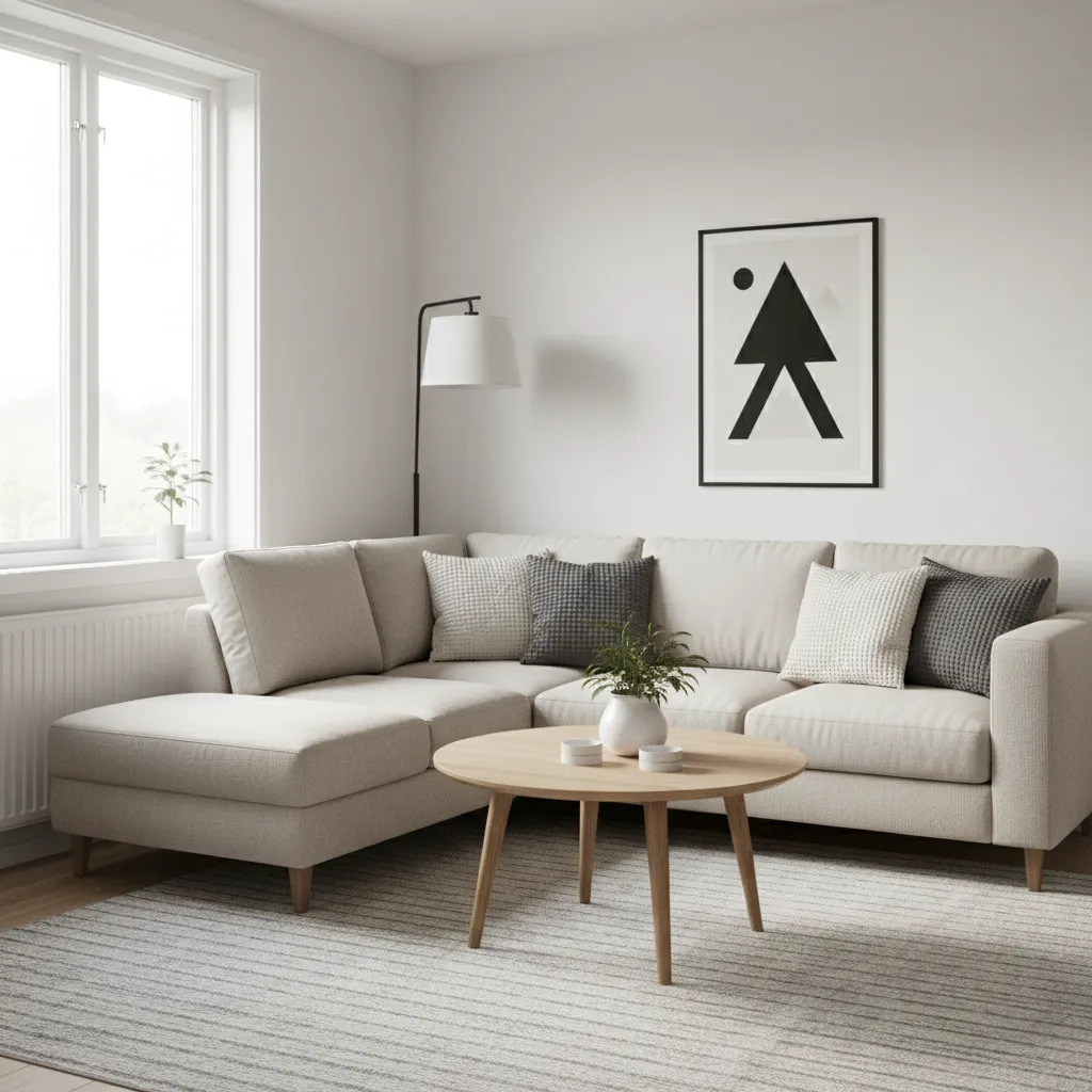 Compact apartment living room with corner sofa layout