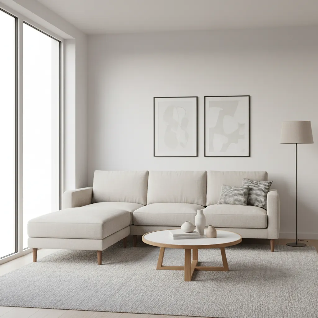 Small living room design with compact corner sofa and round coffee table