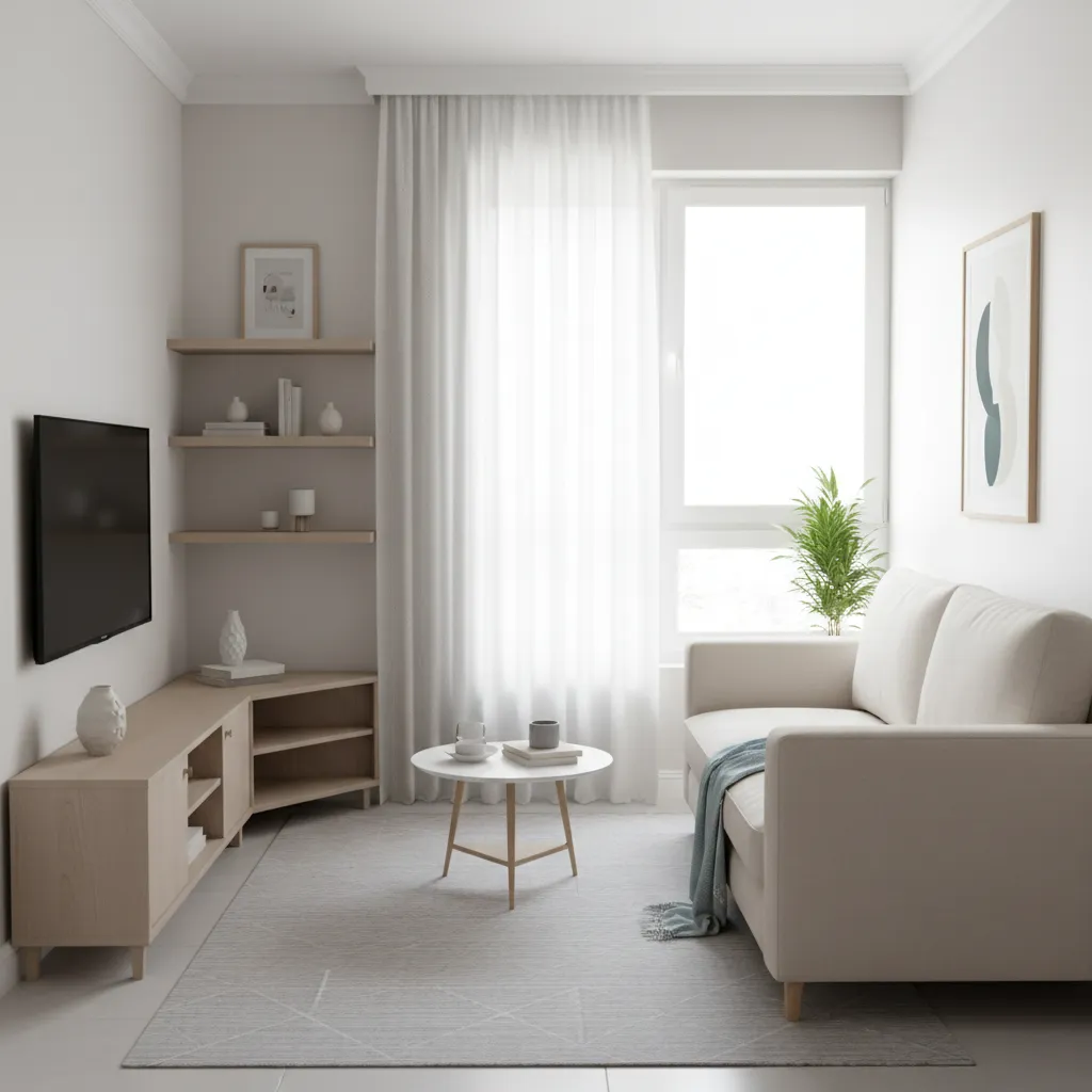 Small apartment living room with compact corner TV showcase and sofa