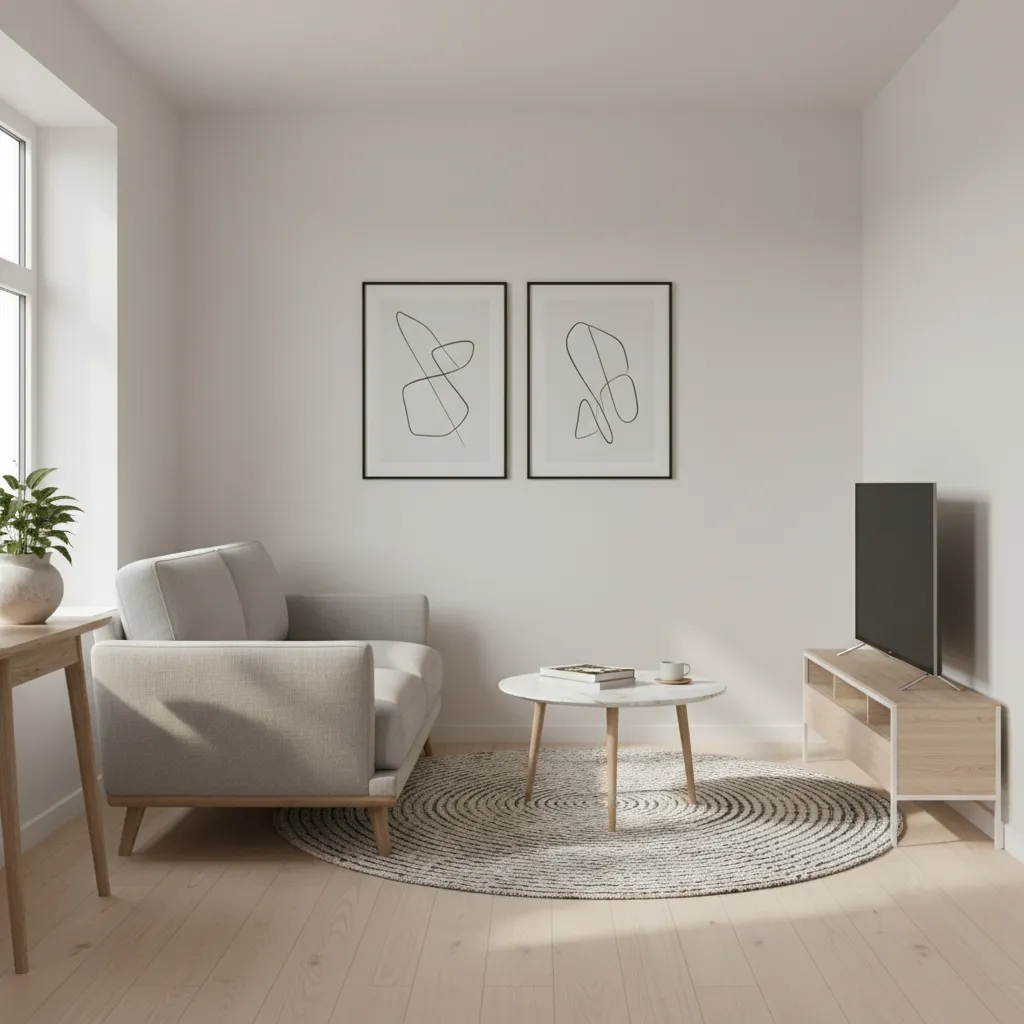 Small living room with TV placed neatly in the corner with compact seating