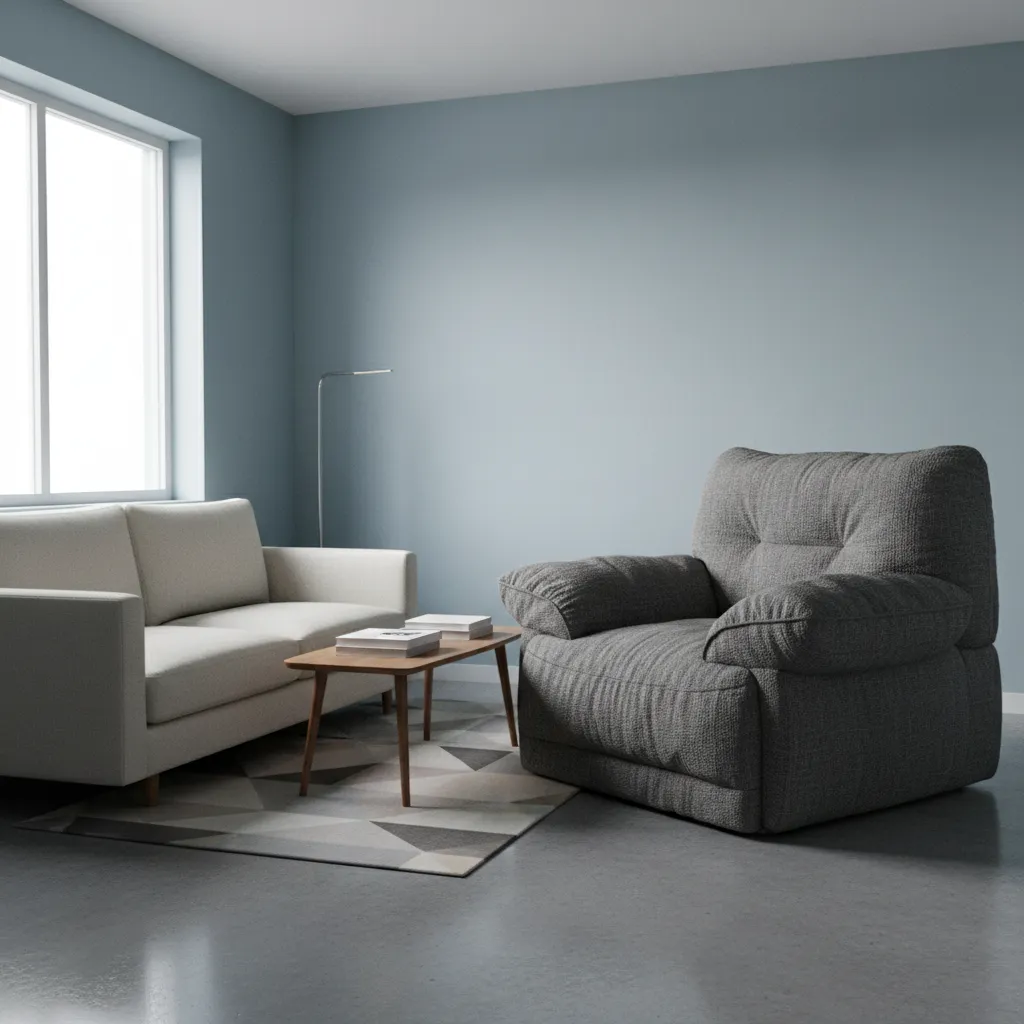 Blue living room with white sofa wooden coffee table large grey armchair rug and window