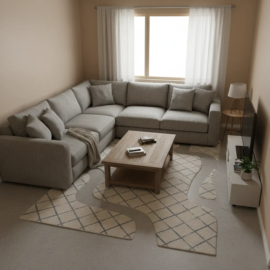 crowded small living room with oversized furniture causing poor layout