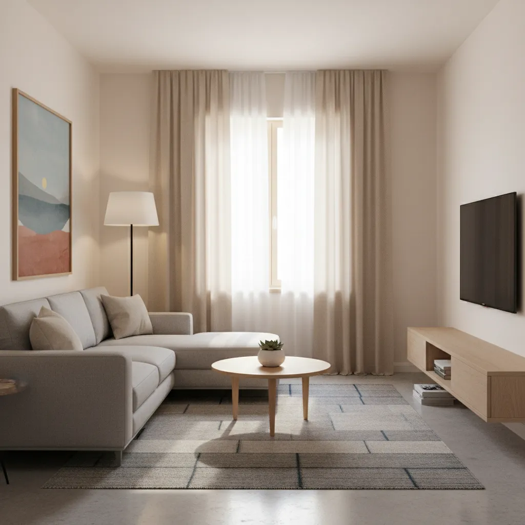 Compact living room window with curtains tied back allowing natural light