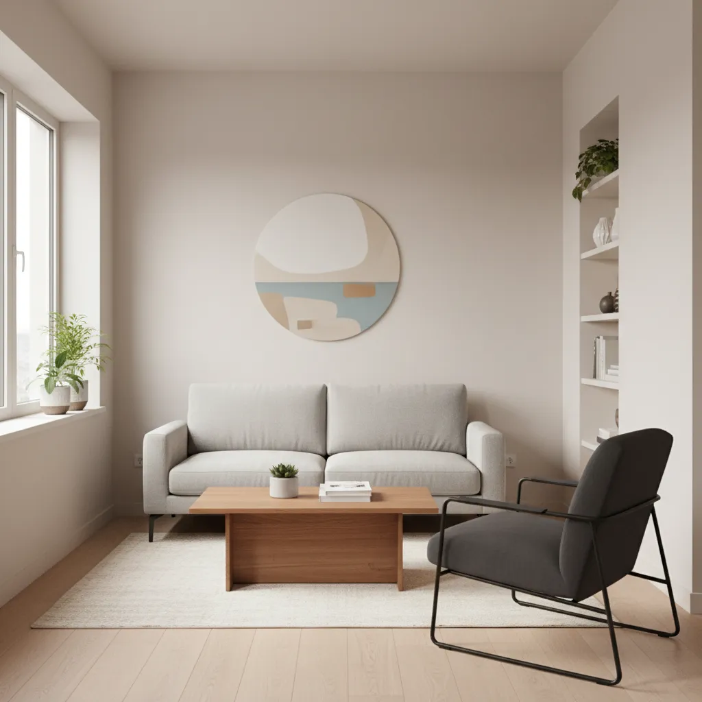 Small living room with light walls and dark accent chair for contrast