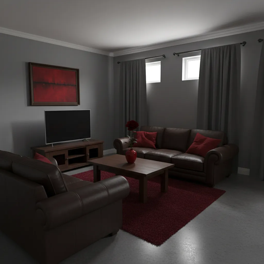 Small living room showing heavy dark color palette effect