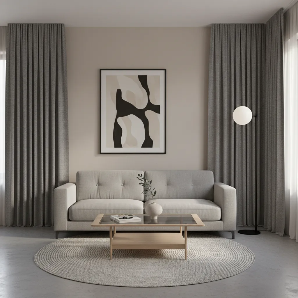 Compact living room featuring dark curtains with light walls and minimal furniture
