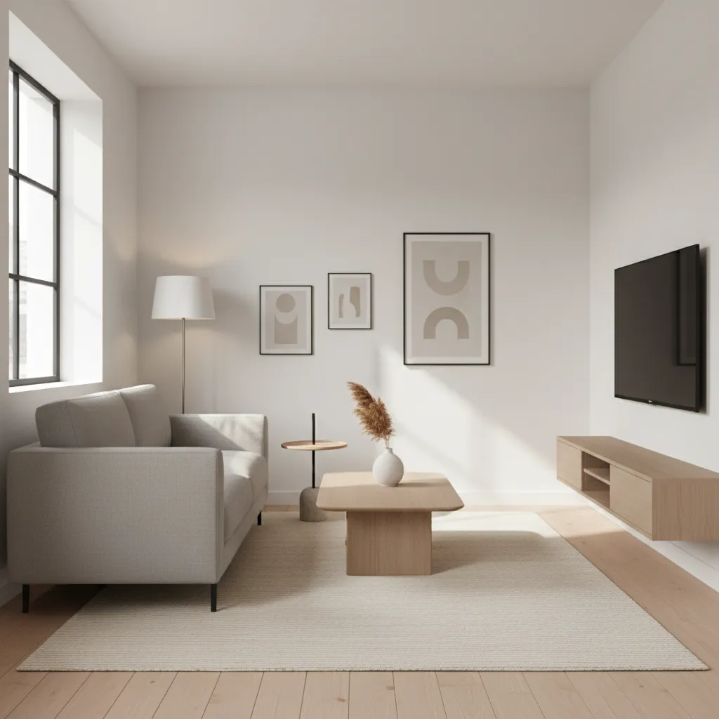 Sala moderna en casa pequeña con muebles minimalistas y mucha luz natural