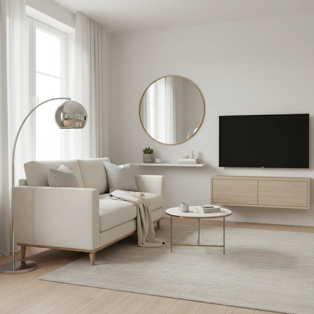 Sala pequeña bien diseñada con muebles ligeros y colores claros