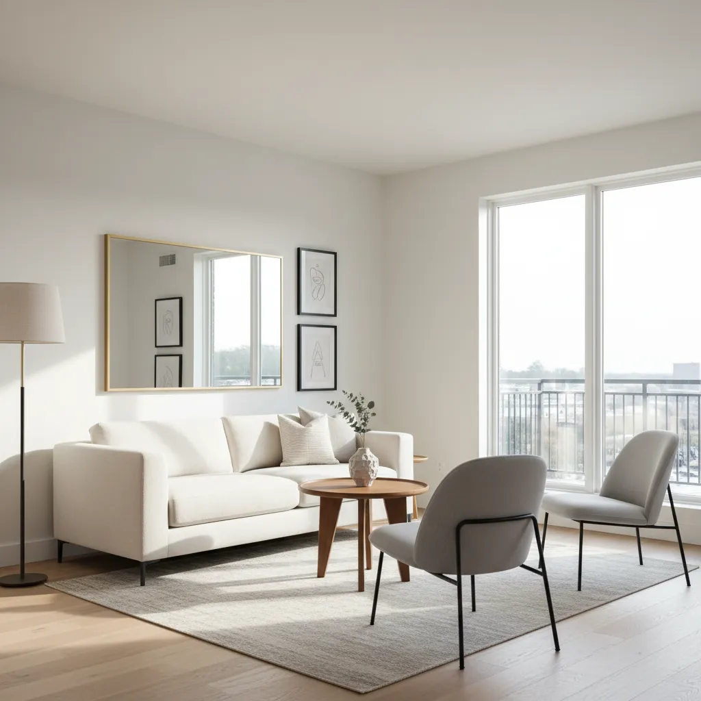 Bright modern living room with white sofa two grey chairs wooden coffee table and window