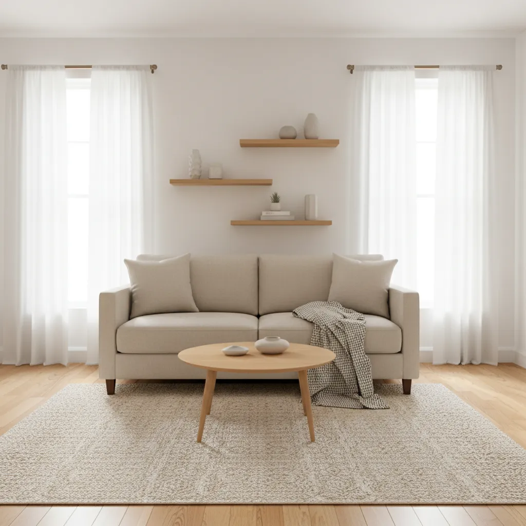 Sala pequeña bien diseñada con muebles ligeros y colores claros