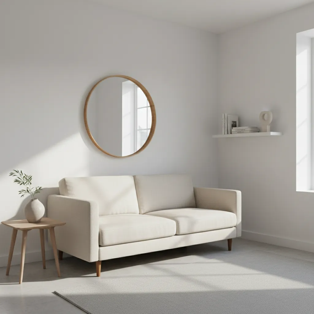 Minimalist living room design with beige sofa, round mirror, white walls, wooden table, and plant