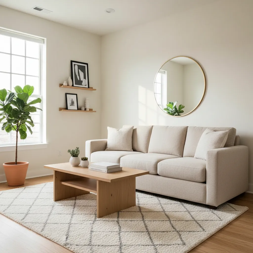 Salón pequeño bien optimizado con muebles ligeros y colores claros