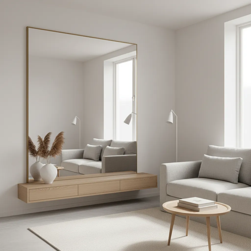 Minimalist living room featuring grey sofa large wall mirror floating wooden cabinet and round coffee table