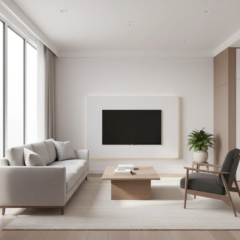 compact 10x14 living room layout with sofa, chair and TV wall