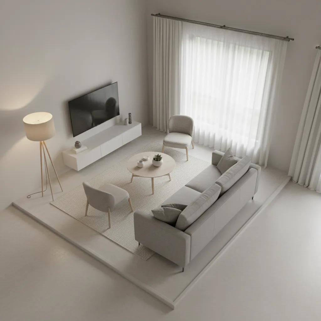 small living room showing wasted corner space from diagonal sofa