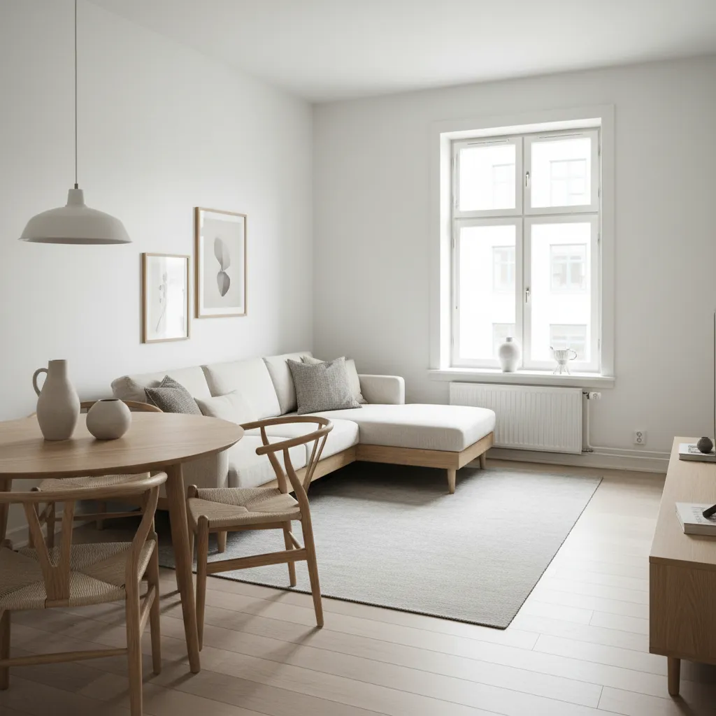 Minimalist living room with round wooden dining table, white sofa, grey rug, and large windows