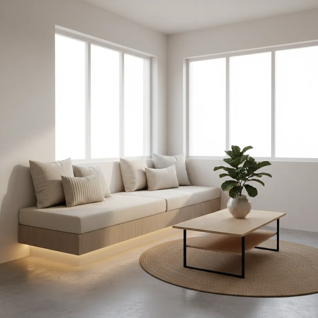 Compact living room with wall aligned diwan seating and minimalist decor