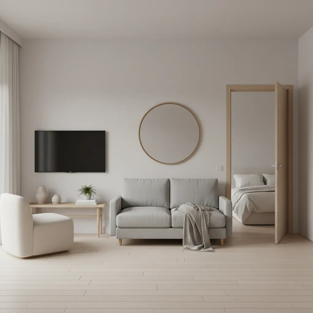 small living room layout with bedroom door and compact furniture