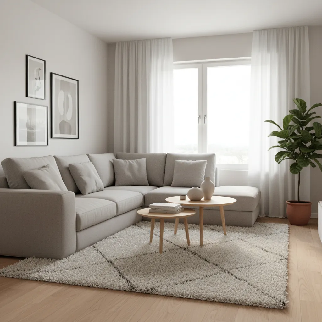 Cozy living room with grey corner sofa, two round wooden tables, rug, and green plant