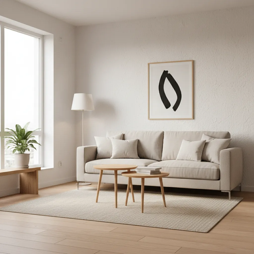 Minimalist living room with beige sofa two small wooden coffee tables rug floor lamp and art