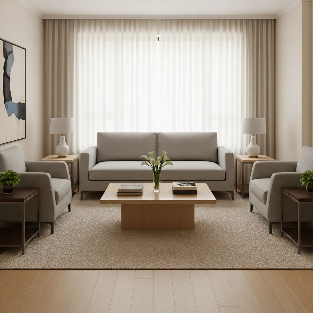 Facing seating layout with sofa opposite two chairs in a small living room