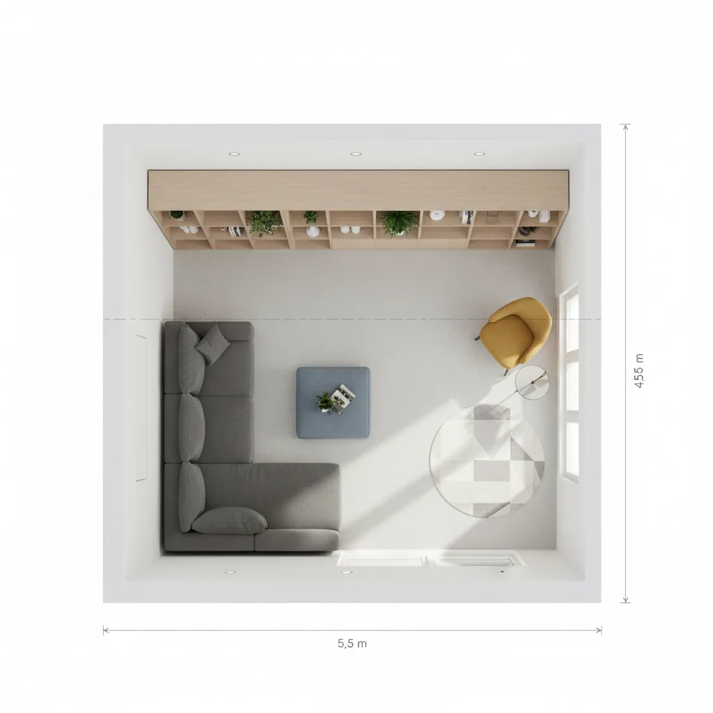 Example layout plan for a small living room designed for a family of four