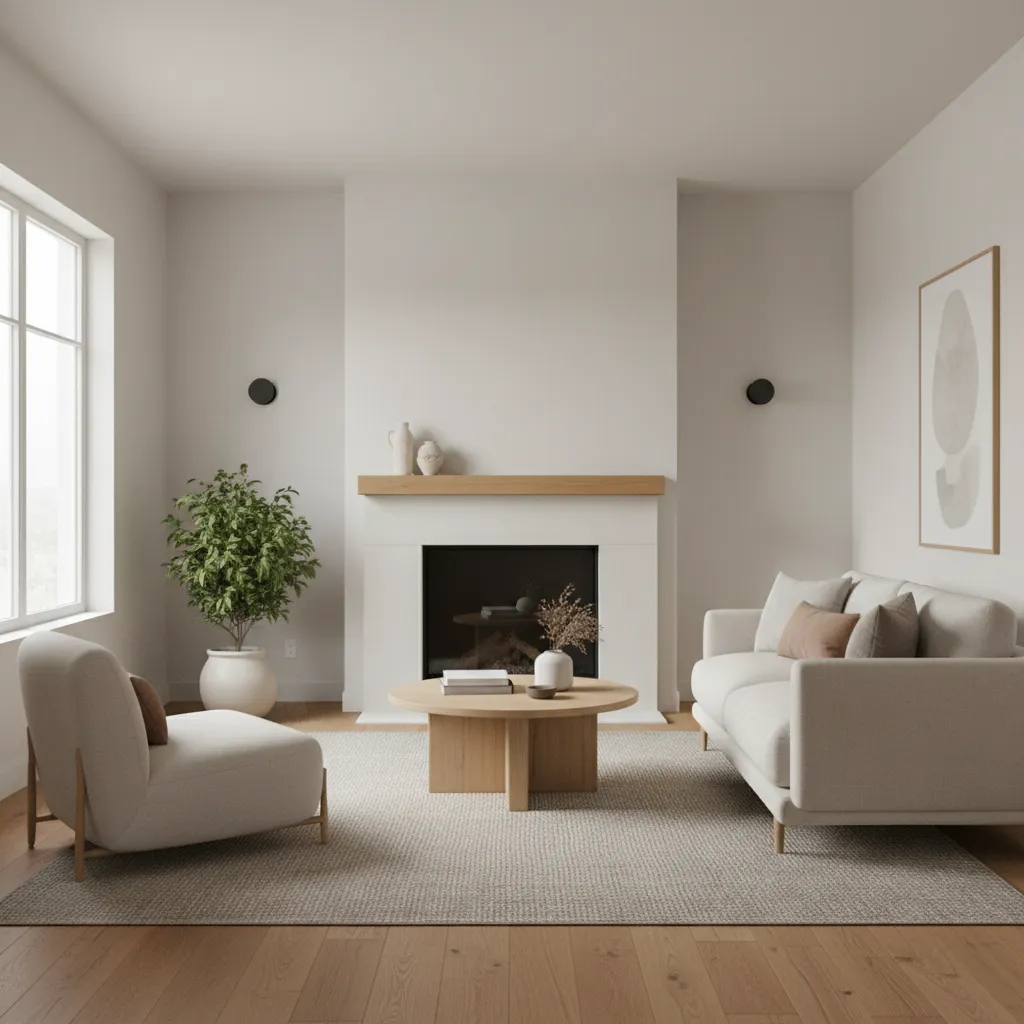 Modern living room with a white fireplace wood coffee table beige sofa and green plant