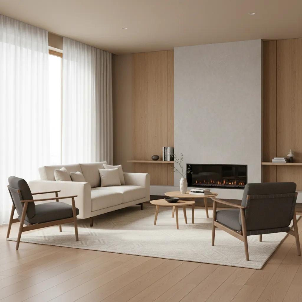 compact living room with fireplace focal wall and balanced furniture layout