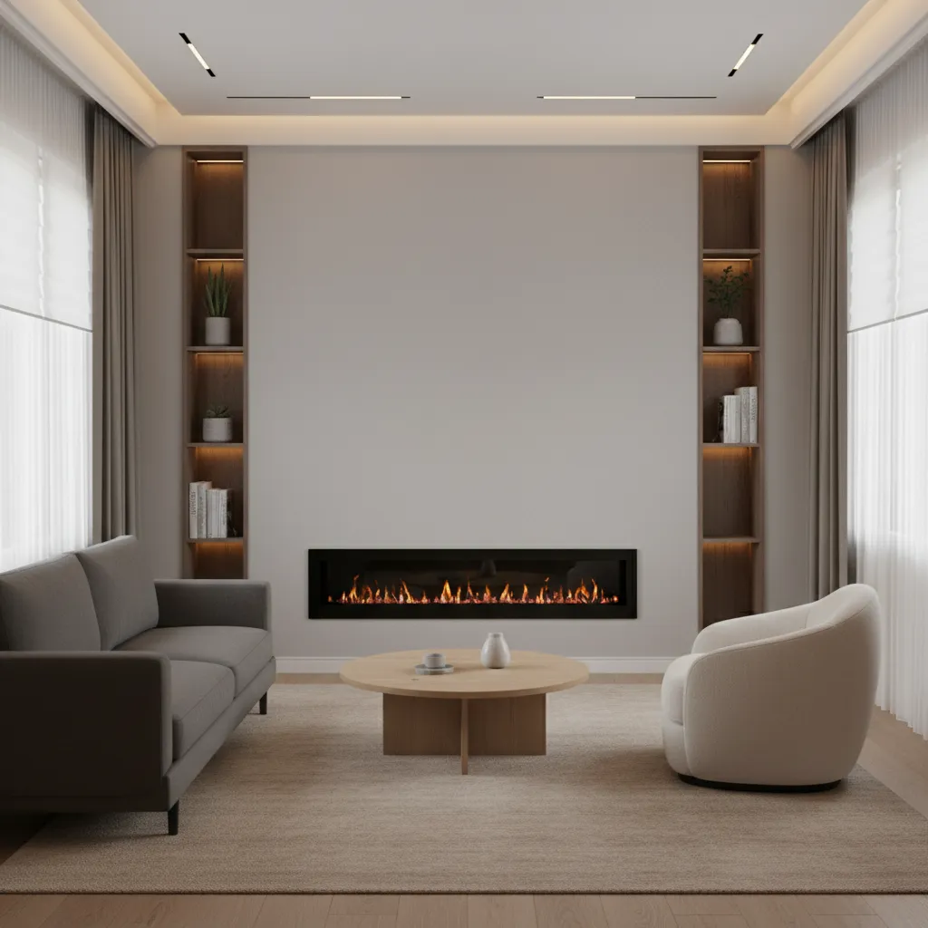 Compact living room with centered wall mounted fireplace and small sofa arrangement