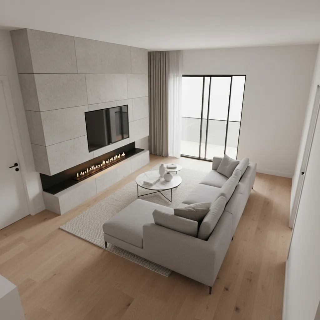 3D layout planning of a small living room with fireplace and seating arrangement