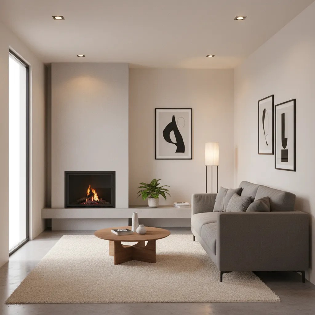 Small living room with compact sofa positioned near fireplace