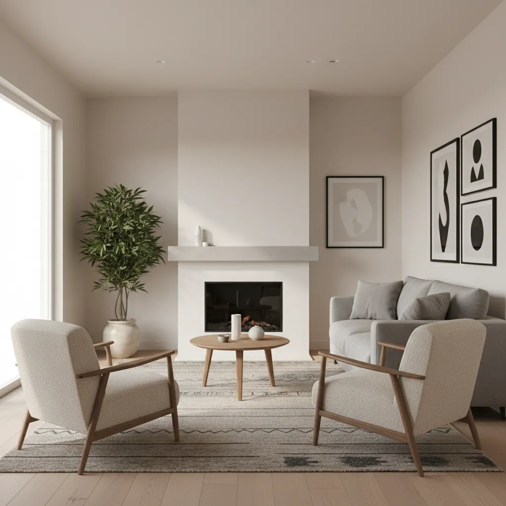Compact living room seating arrangement centered around a fireplace