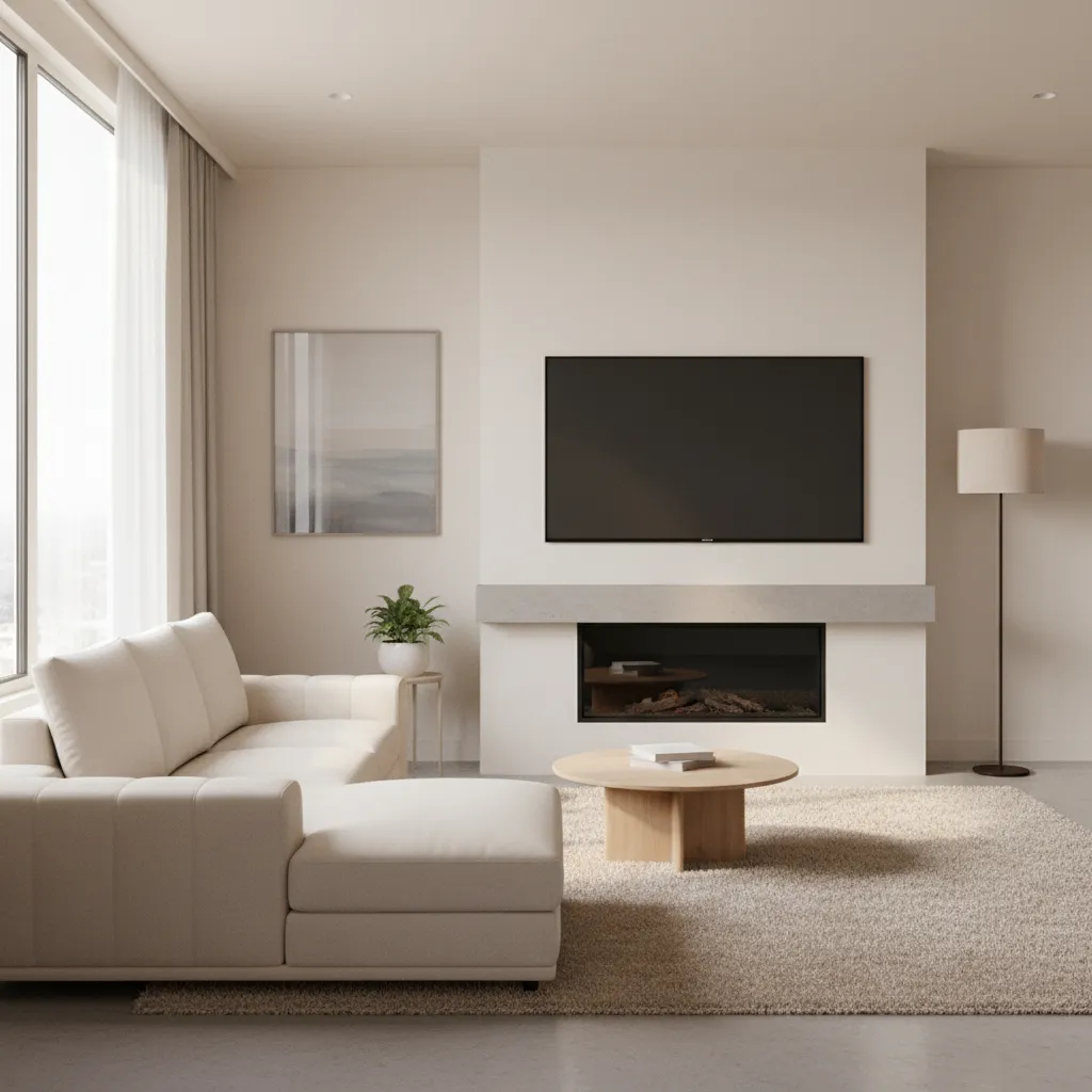 Small living room TV mounted above fireplace layout example