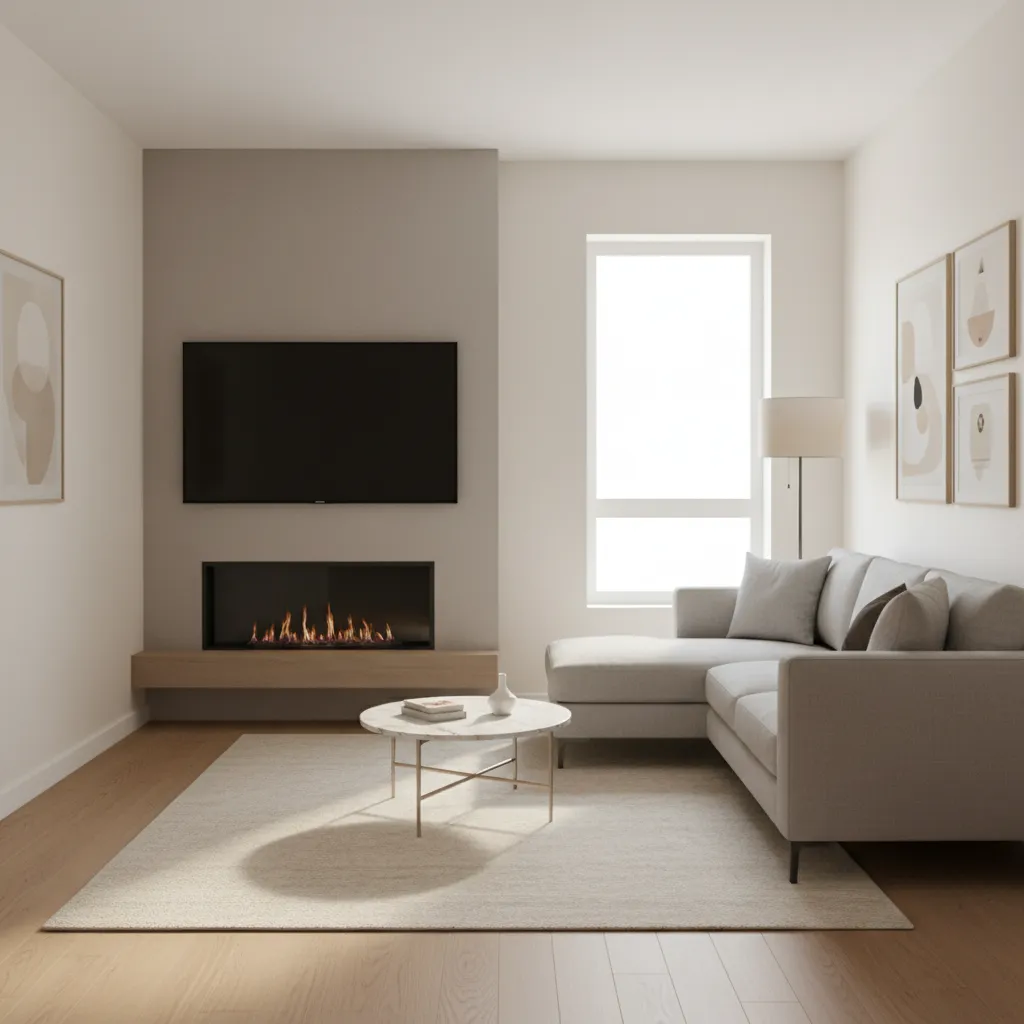 Minimalist small living room featuring grey sofa marble coffee table and TV mounted above fireplace