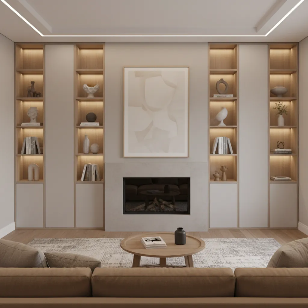 Modern living room featuring symmetrical wooden wall shelves with built in lights and central fireplace