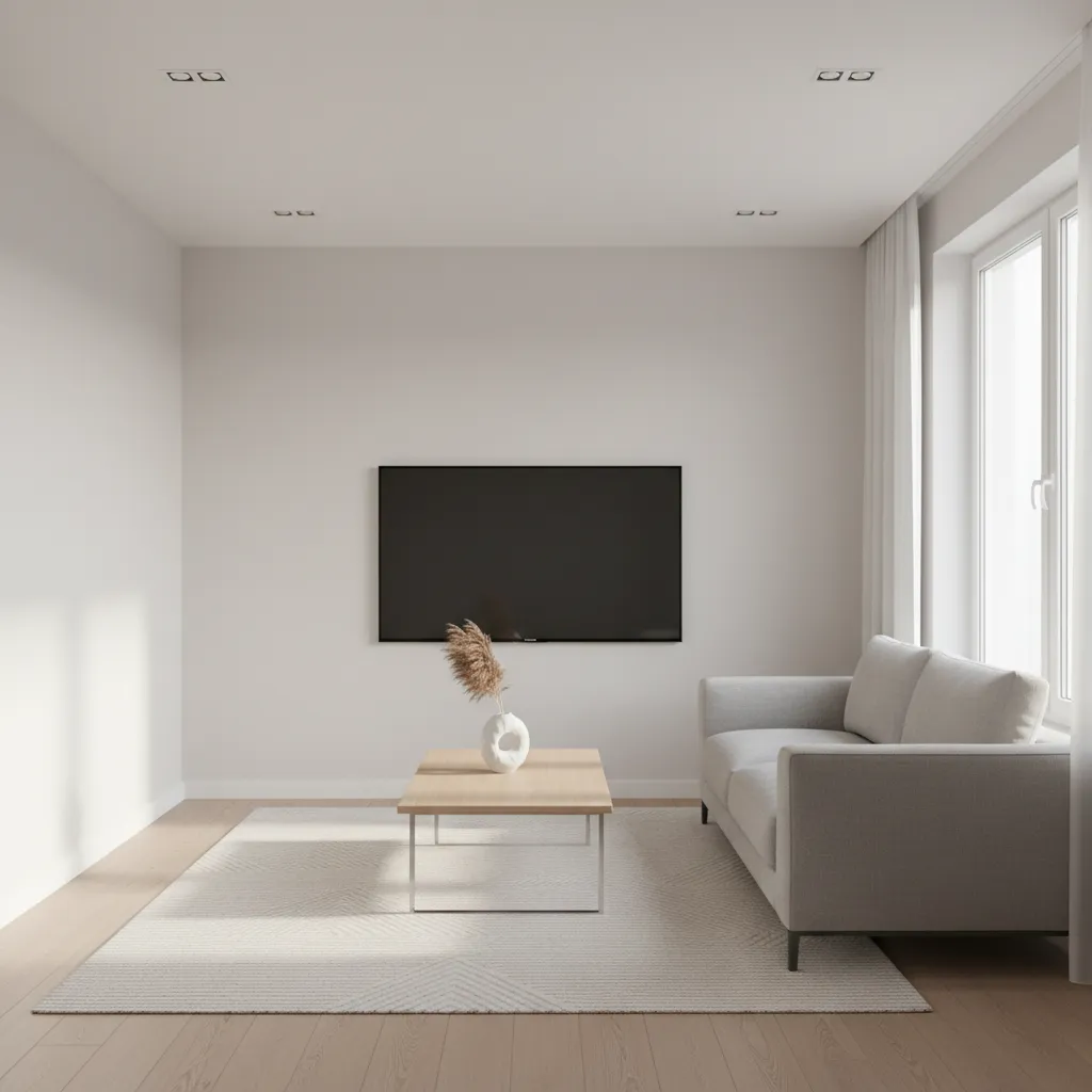 small modern living room with flat white ceiling and recessed lights