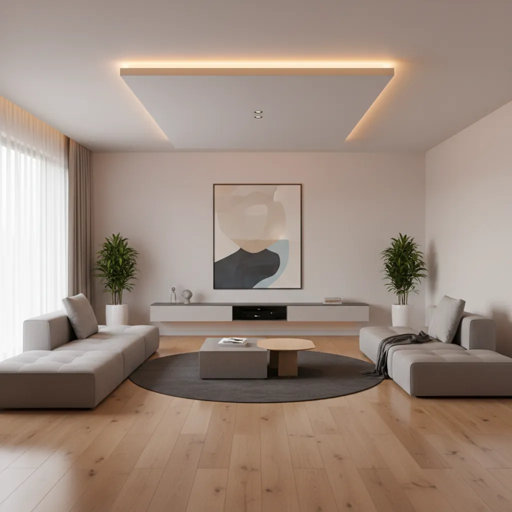 Modern small living room with floating ceiling panel design