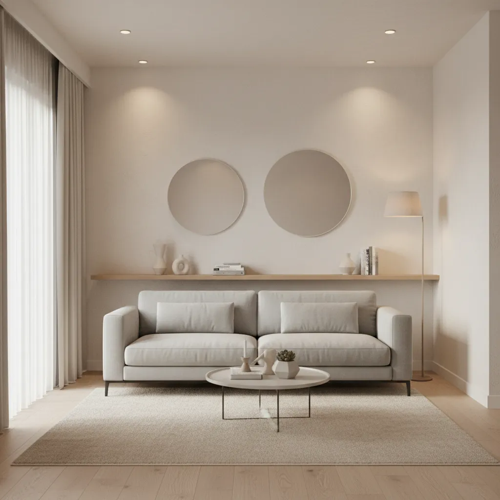 Small living room with sofa slightly away from wall and balanced furniture layout