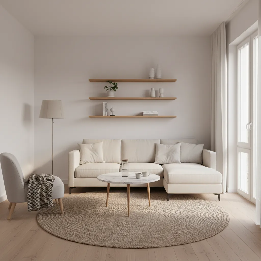 Small living room with floating shelves above sofa