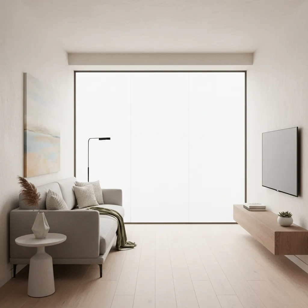 Small living room sofa slightly away from wall creating visual space