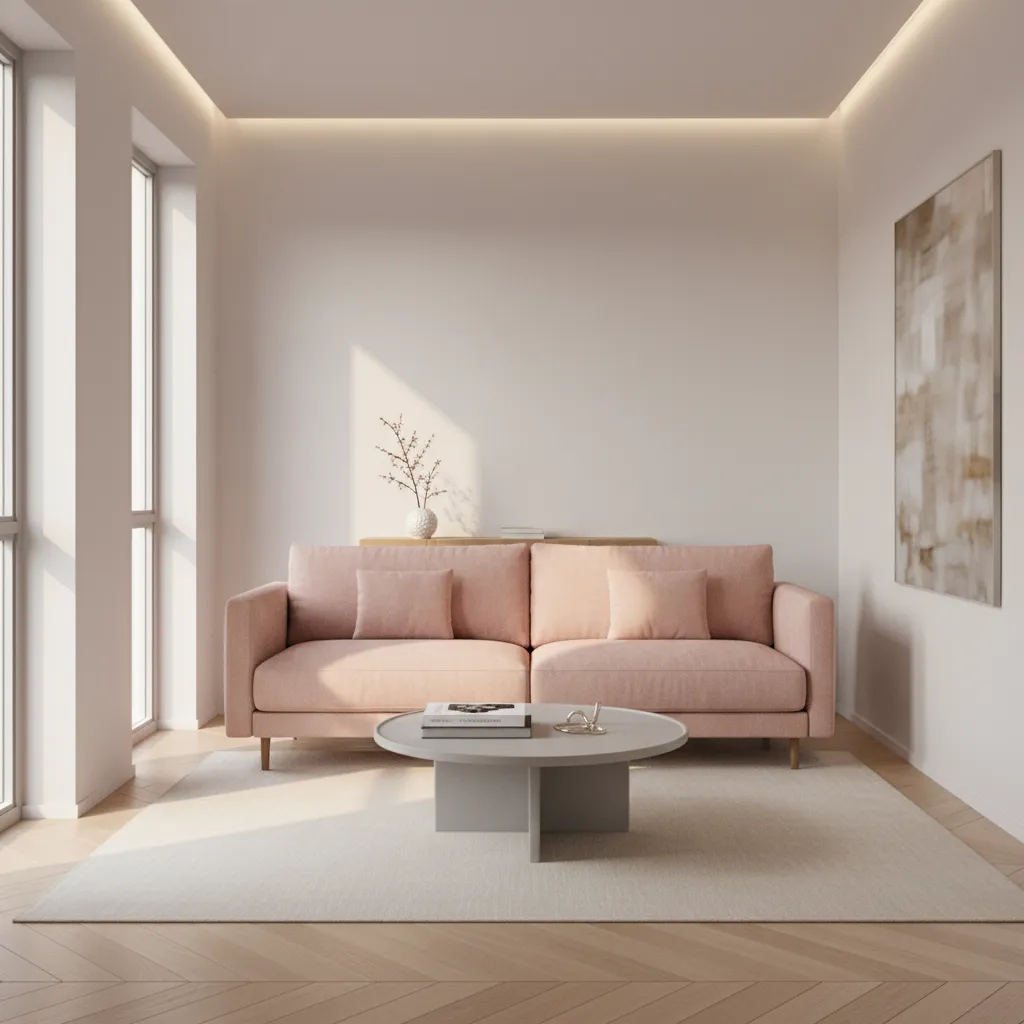 Floating blush pink sofa layout in compact living room