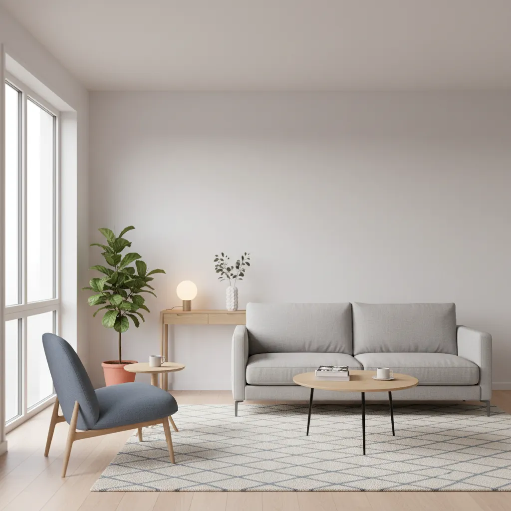 small living room with sofa slightly away from wall showing floating furniture layout