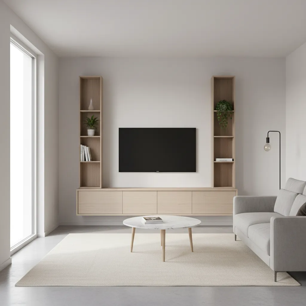 Small living room with floating TV unit and vertical shelves