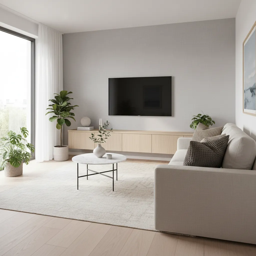 floating TV console with wall mounted television in a small living room