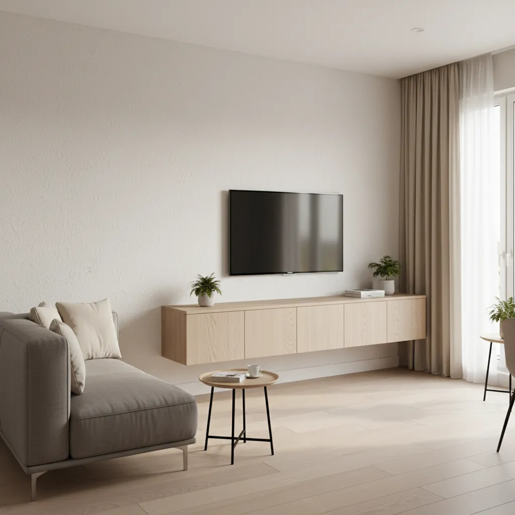 Small living room using floating TV cabinet to save space