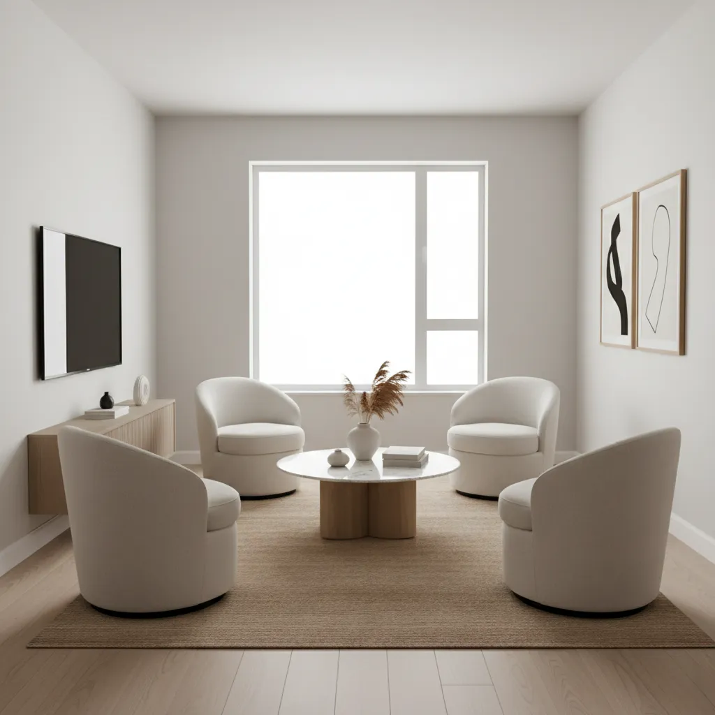 Modern living room featuring four beige chairs around a coffee table and a large window