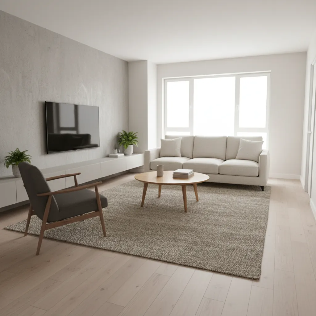 small living room furniture arrangement with sofa chair and round coffee table