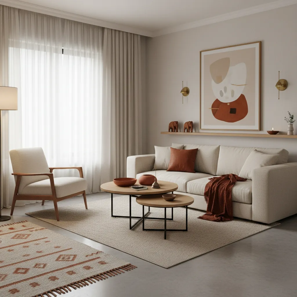 Low profile sofa and nesting tables in small Indian living room